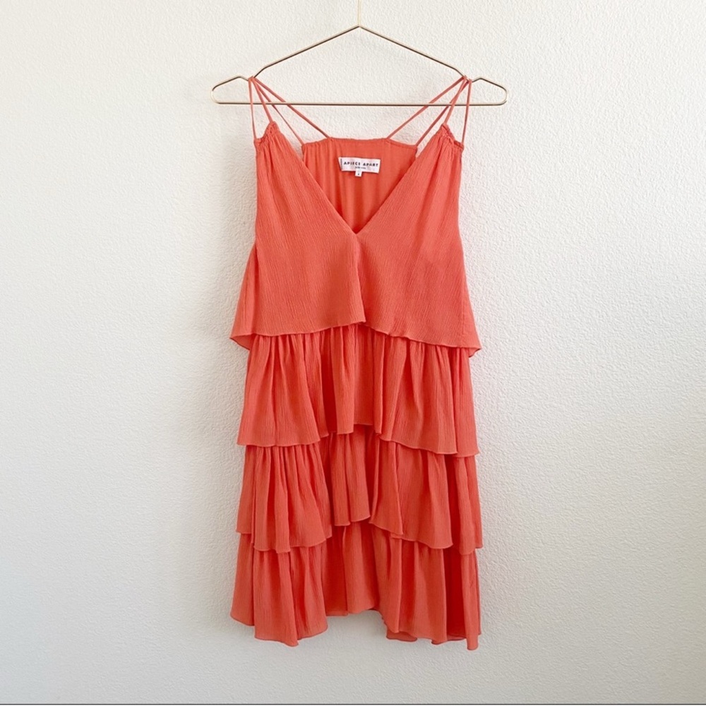Anthropologie Apiece Apart 100% Silk Ruffled
Tiered Mini Dress Summer Top Coral